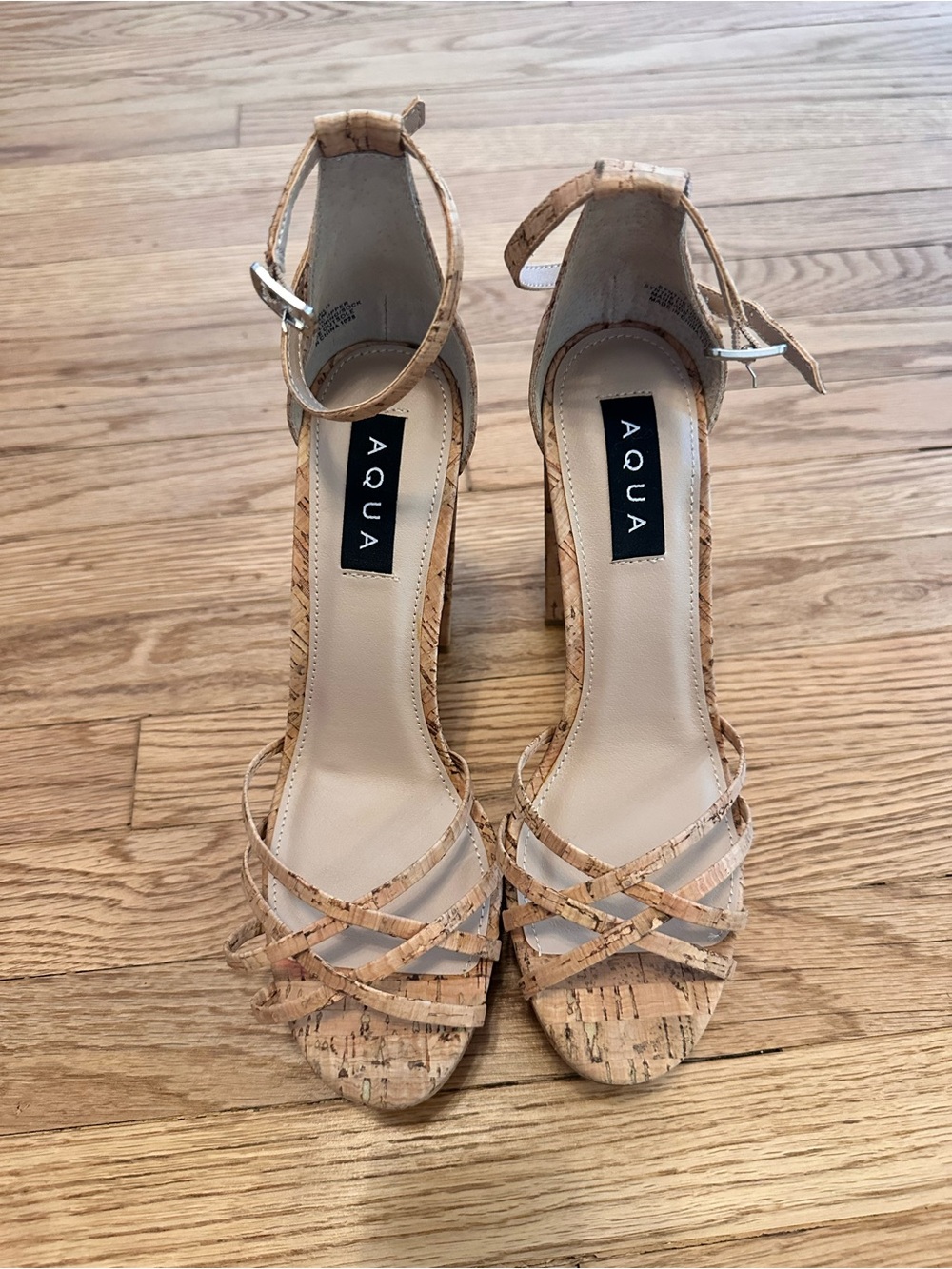 Aqua Cork Strappy Ankle‑Tie Heels in Natural